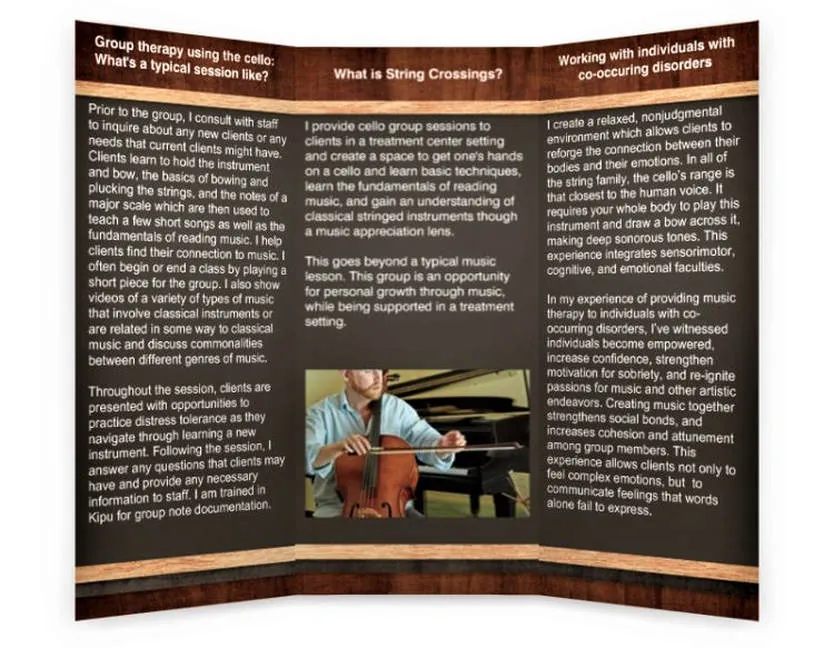 String Crossings brochure, inside panels describing group sessions